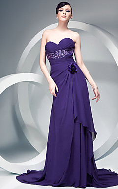 Sheath/Column Chiffon Over Charmeuse Evening Dress With Flowers And Court Train
