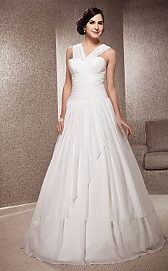 A-line V-neck Floor-length Chiffon Satin Wedding Dress