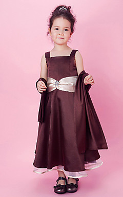 A-line Tea-length Flower Girl Dress With Square Neck In Stretch Satin And Organza
