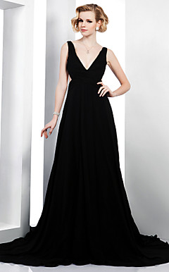 A-line V-neck Court Train Chiffon Elastic Woven Satin Evening Dress