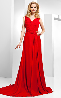A-line V-neck Sweep/Brush Train Chiffon Evening Dress