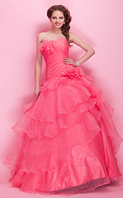 Ball Gown Scalloped/Strapless  Floor-length Organza  Prom Dresses