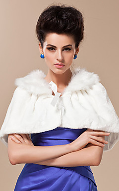 White Faux Fur Wedding/Party/Evening Shawl With Ribbon Close
