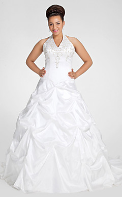 Ball Gown Halter Chapel Train Taffeta Plus Size Wedding Dress