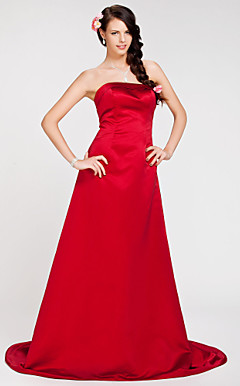 A-line Strapless Sweep/Brush Train Satin Bridesmaid Dress
