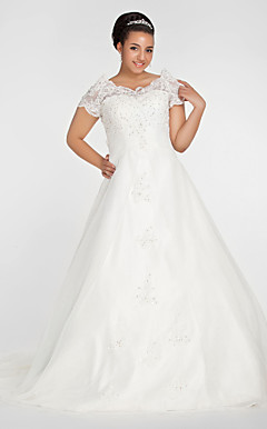 Ball Gown Off-the-shoulder Chapel Train Organza Plus Size Wedding Dress
