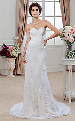 Sheath/ Column Sweetheart Court Train Chiffon Satin Wedding Dress