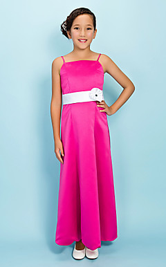 A-line Spaghetti Straps Ankle-length Satin Junior Bridesmaid Dress