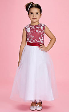 A-line Jewel Ankle-length Satin Flower Girl Dress
