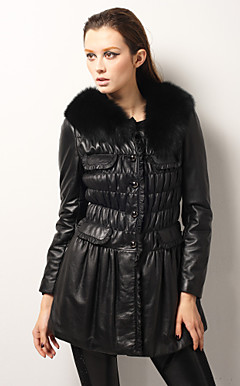 Elegant Lambskin Leather Fox Fur Collar Long Sleeves Party/Office Coat (More Colors)