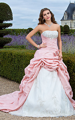 Ball Gown Strapless Court Train Taffeta Organza Evening Dress