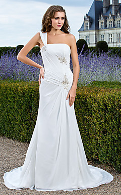 Sheath/Column One Shoulder Court Train Chiffon Wedding Dress