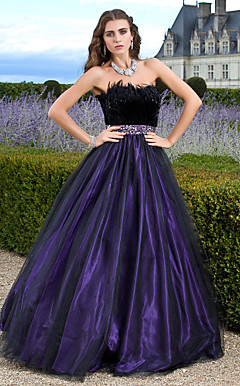 A-line Strapless Floor-length Tulle Evening Dress With Feathers/fur