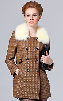Long Sleeve Fox Fur Turndown Collar Lambskin Leather Casual/Party Coat (More Colors)