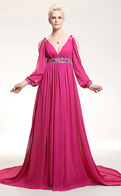 A-line V-neck Empire Court Train Chiffon Evening Dress