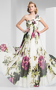 A-line One-Shoulder Floor-length Print Chiffon Evening Dress