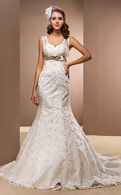 Trumpet/Mermaid Queen Anne Court Train Satin Wedding Dress