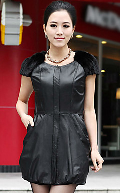 Collarless Lambskin Leather Casual/Party Vest With Mink Fur Sleeves (More Colors)