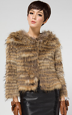 Long Sleeve Collarless Raccoon Fur Casual/Office Jacket (More Colors)