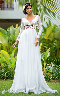 gaine / colonne v-cou-parole longueur mousseline de soie et dentelle robe de mariée