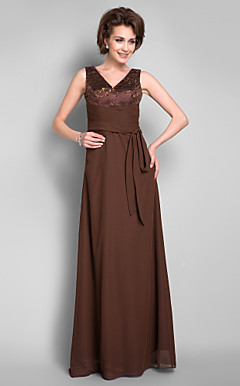 schede / column v-hals vloer-lengte chiffon moeder van de bruid jurk met afneembare riem