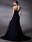  Virginia Madsen A-line Halter Sweep/ Brush Train Tulle Elastic Woven Satin Oscar/ Evening Dress (FSM0669)