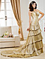  Sheath/Column V-neck Court Train Taffeta  Wedding Dress