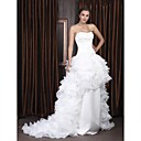 A-line Sweetheart Sweep/ Brush Train Satin Organza Tiered Wedding Dress