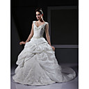 Princess Ball Gown V-neck Chapel Train Taffeta Wedding Dress With Beaded Embroidery