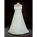 A-line V-neck Sweep/ Brush Train Satin Plus Size Wedding Dress