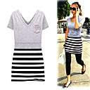 JESSICA ALBA Style / Short Sleeves V Neckline Stripes Dress / Women's Dresses (18010BC214-0851)