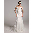 Trumpet/Mermaid Off-the-shoulder Organza Over Satin Wedding Dress With Removable Chapel Train