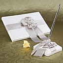 White Wedding Guest Book and Pen Set With Silver Pearl and Bow