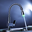 Brass Single Handle Pull Down Kitchen Faucet with Color Changing LED Light - Spring
