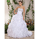 Ball Gown Strapless Chapel Train Beading Side-Draped Ruffles Wedding Dress