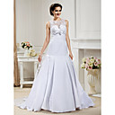 A-line Jewel  Chapel Train Lace And Satin Wedding Dress
