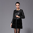 Long Sleeve Collarless Lambskin Leather & Rex Rabbit Fur Party/Office Coat