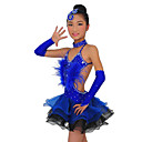 Spandex desempenho dancewear chiffon e com a pena vestido de dança latina para crianças mais cores