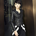 Women's Round Neck Zip-up PU Leather Jacket with Pockets Detail
