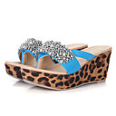 Medd PU Leopard Rhinestone Bead Surface Thick Bottom Wedge Heel Blue Shoes